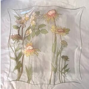 Mid Century Dorothy Thorpe Hand Painted 3 Section Glass Tray Floral - Signed